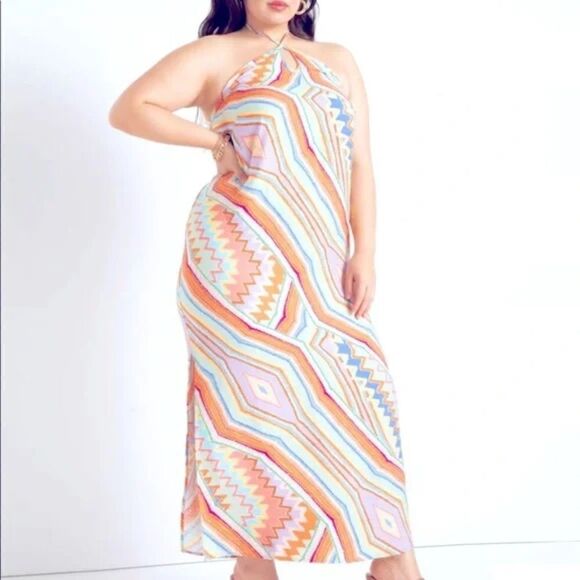 Eloquii Multi-colored Aztec Print Halter Dress Long Women's Size 20 - Picture 2 of 6